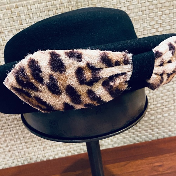 🌟2xHP🌟VTG 50s Fisk Black Wool & Leopard Print Bowler Hat - Picture 3 of 10